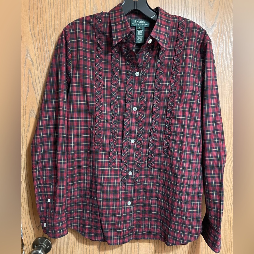 EUC Lauren Ralph Lauren Red & Black Plaid Button Down Blouse with Ruffle Detail